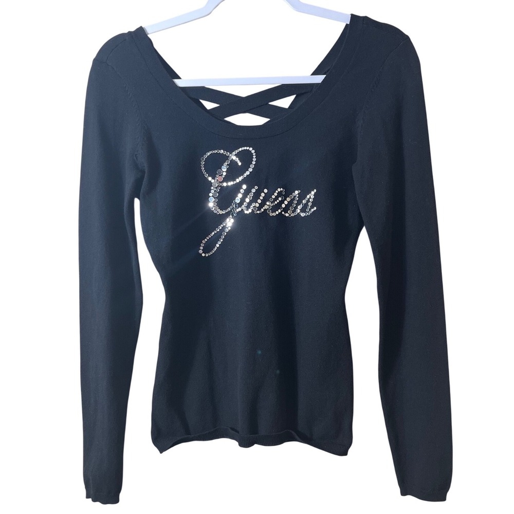 Guess Black Rhinestone Logo Strappy Criss Cross Sweater Y2K Aesthetic Size Small